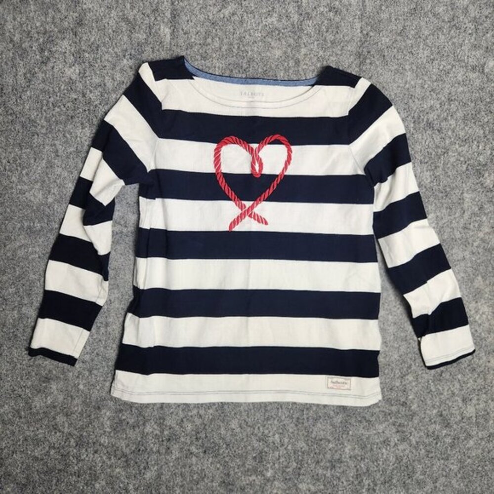 Talbots Petite Shirt Women Sp Blue White‎ Stripe Pullover Long Sleeve Heart